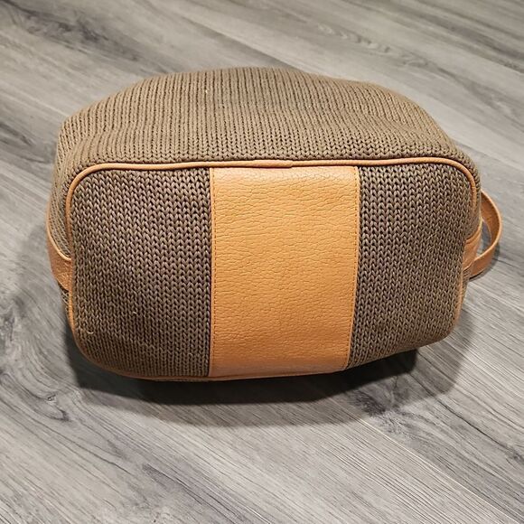 Vintage RARE Brio Taupe/Olive Knit Camel Leather Drawstring Bucket Satchel - Picture 7 of 16